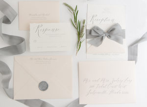 deckled edge wedding invitations | blush envelopes | silk ribbon | silver foil