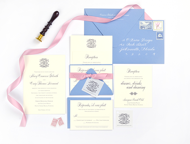 French Blue and Blush wedding invitation | Heather O'Brien Design