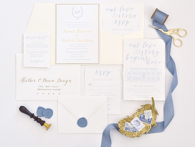 Timuquna Country Club Wedding Invitation | French Blue Lettepress | Deckled Edge invitation | wax seal | Heather O'Brien Design