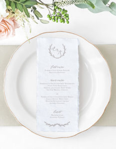 laurel wreath monogram neutral wedding menu | deckled edge menu | Heather O'Brien Design