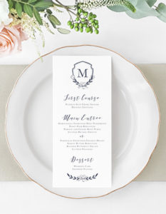 magnolia crest monogram navy wedding menu | Heather O'Brien Design