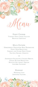 peach and dusty blue floral wedding menu | |Heather O'Brien Design
