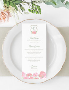Floral Crest Monogram Blush Wedding Menu | Heather O'Brien Design
