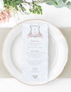 Floral Crest Monogram Wedding Menu| Deckled Edge Menu | Heather O'Brien Design