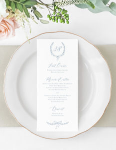 laurel wreath monogram french blue wedding menu | Heather O'Brien Design