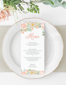 peach and dusty blue floral wedding menu | |Heather O'Brien Design
