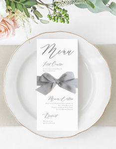 classic calligraphy wedding menu with silk ribbon | Heather O'Brien Design