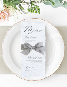 classic calligraphy wedding menu with silk ribbon| deckled edge menu | Heather O'Brien Design