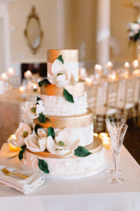 Magnolia Wedding Cake | Timuquana Country Club | Heather O'Brien Design } Custom Wedding Invitations | Classic Black and White Wedding | Luxury Country Club