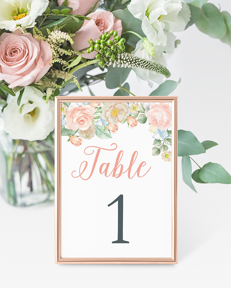 Peach and Dusty Blue Floral wedding reception table number | southern wedding