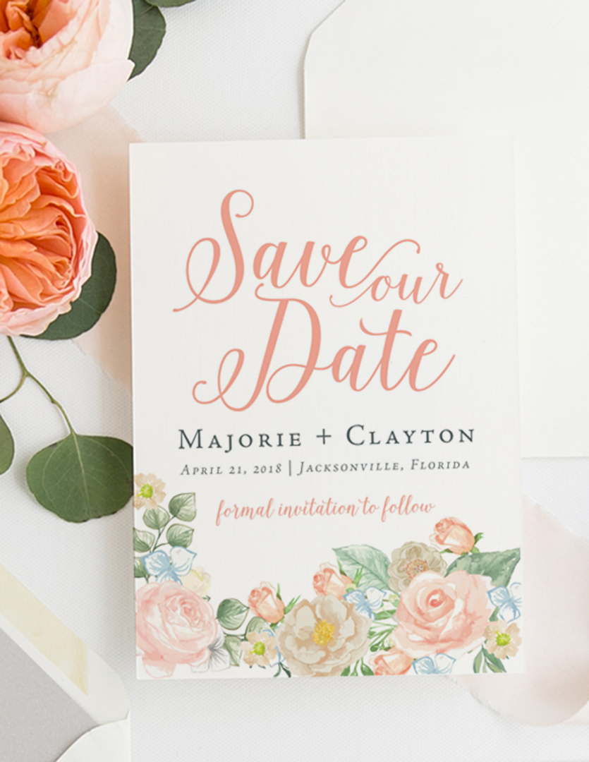 Peach and Dusty Blue Floral wedding save the date | southern wedding
