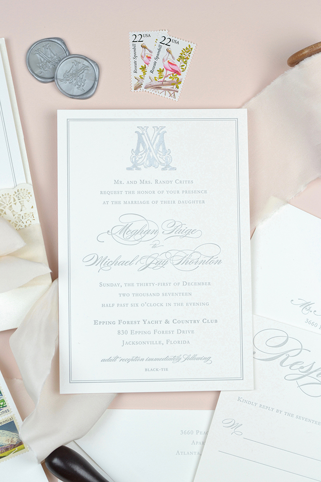 Letterpress and Foil Wedding Invitations | New Years Eve Wedding | Classic Monogram | Yacht Club Wedding