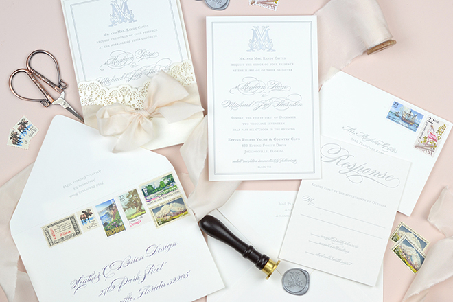 Letterpress and Foil Wedding Invitations | New Years Eve Wedding | Classic Monogram | Yacht Club Wedding | Vintage Stamps | Wax Seals | Silk Ribbon